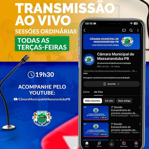 📢 As transmissões das sessões ordinárias, acontecem toda terça-feira, às 19h30.