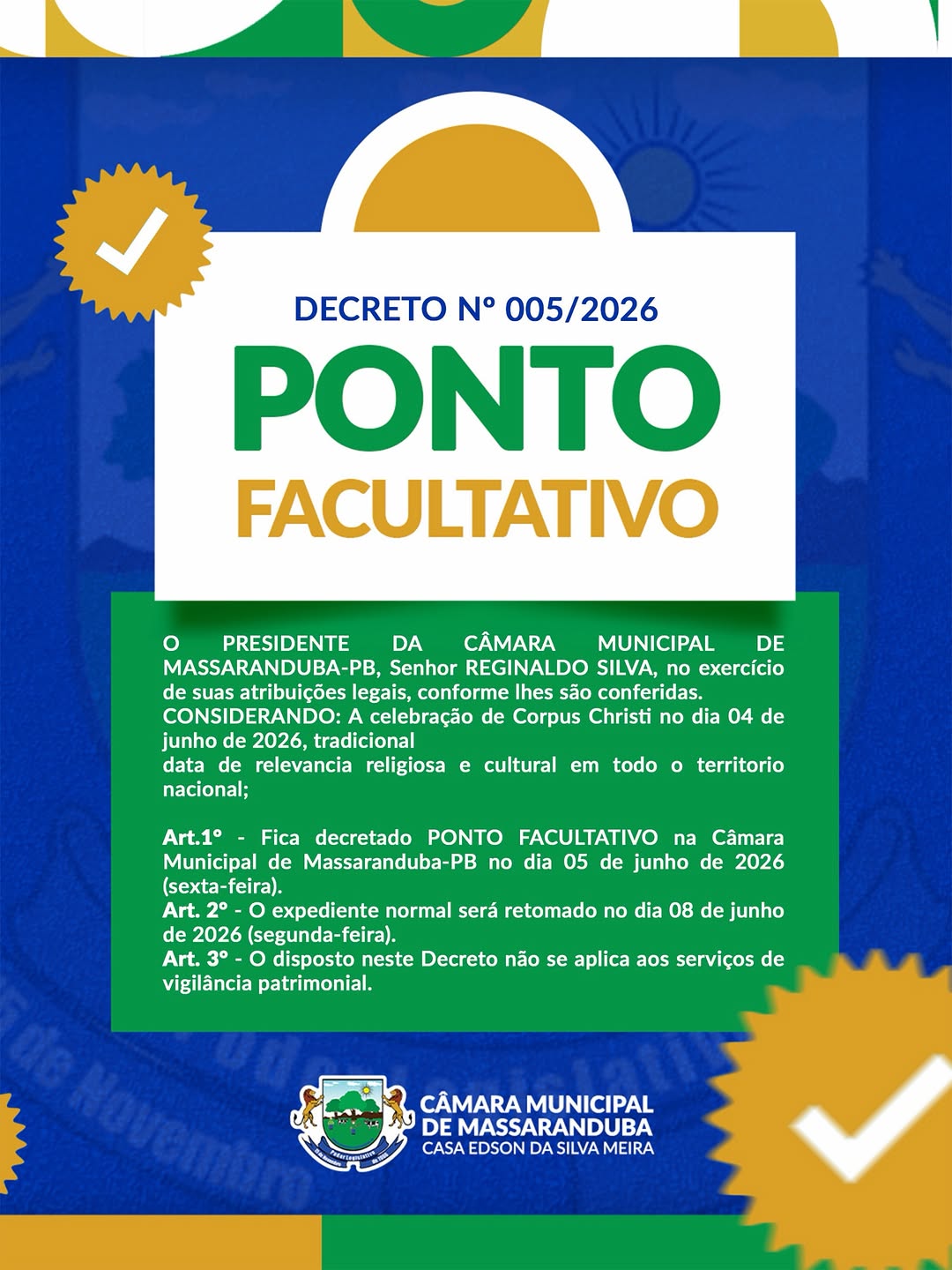 Câmara de Massaranduba decreta ponto facultativo em Corpus Christi