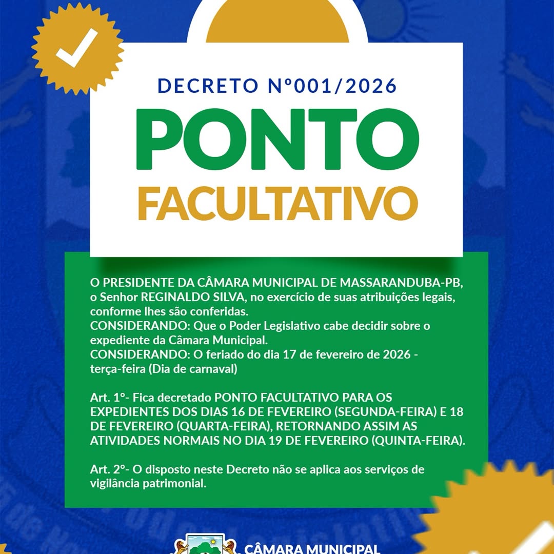 Câmara decreta Ponto Facultativo para o Carnaval 2026
